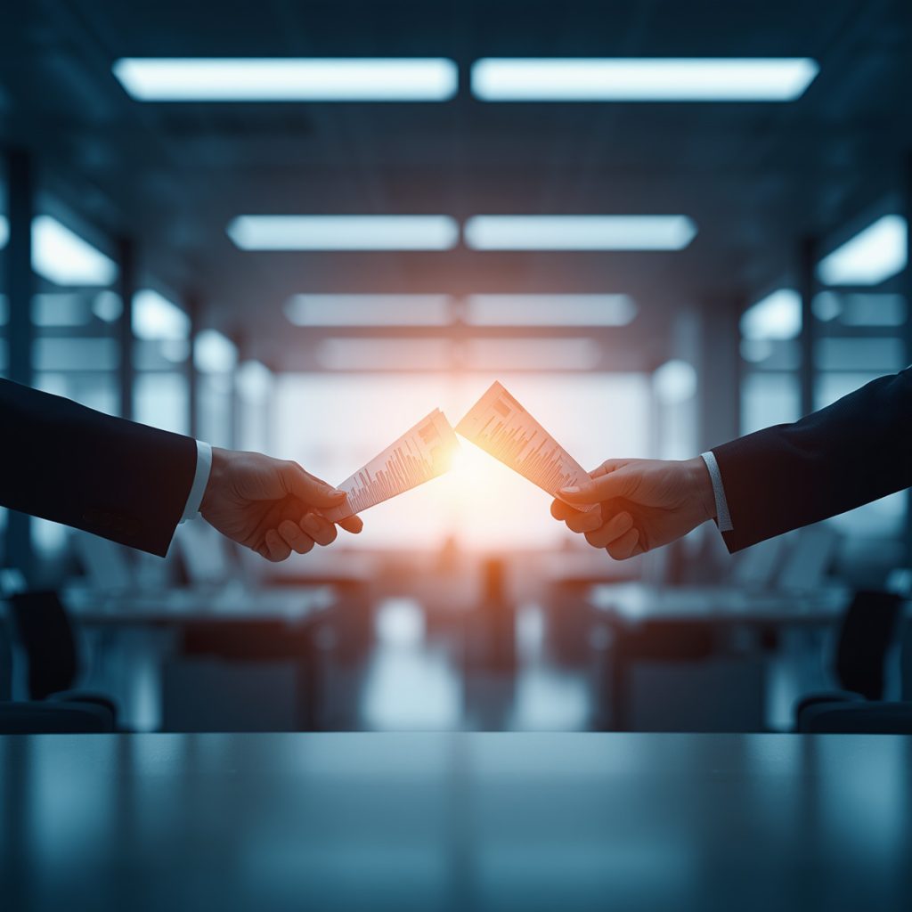 two hands reaching towards each other holding notes as if passing information