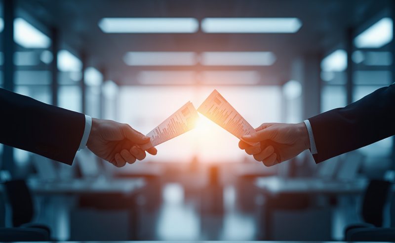 two hands reaching towards each other holding notes as if passing information
